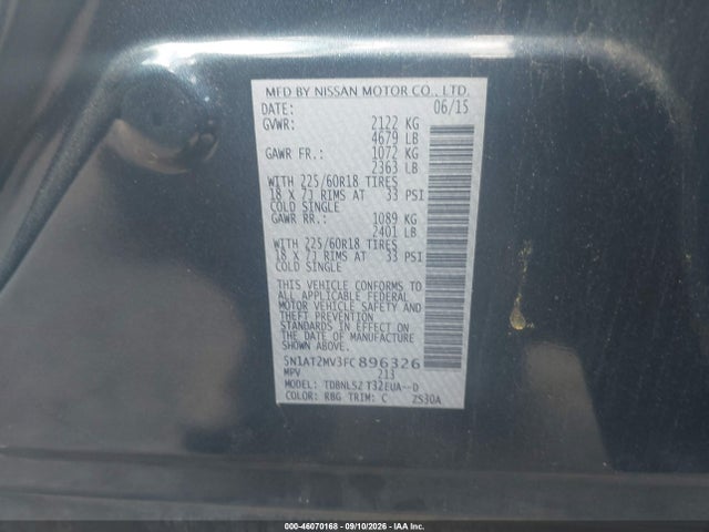46070168 :رقم المزاد ، 5N1AT2MV3FC896326 vin ، 2015 Nissan Rogue Sl مزاد بيع