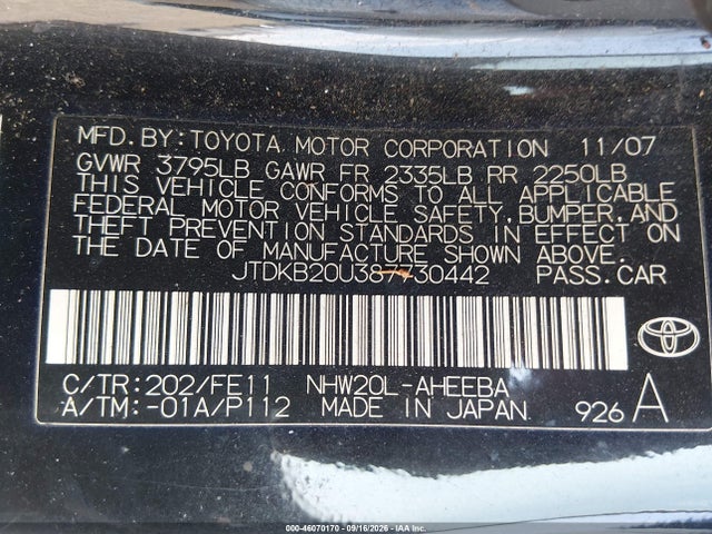 Продаж на аукціоні авто 2008 Toyota Prius, vin: JTDKB20U387730442, номер лоту: 46070170