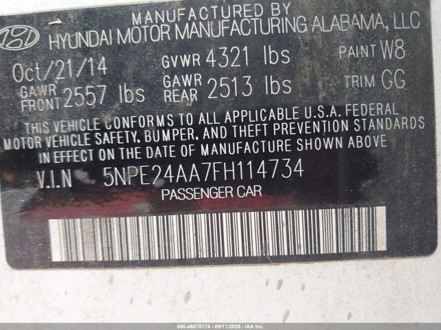 46070174 :رقم المزاد ، 5NPE24AA7FH114734 vin ، 2015 Hyundai Sonata Eco مزاد بيع