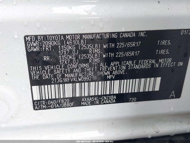 Aukcja sprzedaży 2020 Toyota Rav4 Le, vin: 2T3G1RFVXLW099218, numer aukcji: 46070180