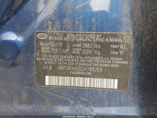 2016 Hyundai Elantra Se მანქანა იყიდება აუქციონზე, vin: 5NPDH4AE6GH788260, აუქციონის ნომერი: 46070188