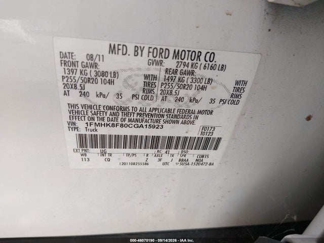 46070190 :رقم المزاد ، 1FMHK8F80CGA15923 vin ، 2012 Ford Explorer Limited مزاد بيع
