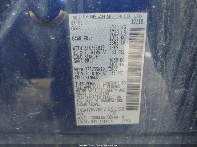 Aukcja sprzedaży 2019 Nissan Rogue Sl, vin: 5N1AT2MV7KC755155, numer aukcji: 46070197