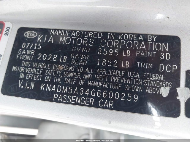 46070199 :رقم المزاد ، KNADM5A34G6600259 vin ، 2016 Kia Rio Lx مزاد بيع