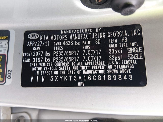 Aukcja sprzedaży 2012 Kia Sorento Lx, vin: 5XYKT3A16CG189843, numer aukcji: 46070200