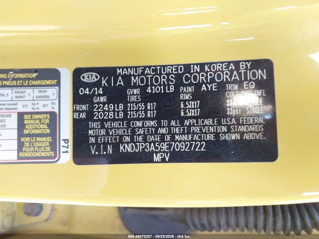 46070207 :رقم المزاد ، KNDJP3A59E7092722 vin ، 2014 Kia Soul + مزاد بيع