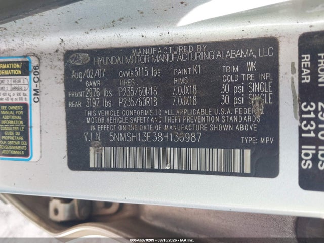 Продажа на аукционе авто 2008 Hyundai Santa Fe Limited/se, vin: 5NMSH13E38H136987, номер лота: 46070209