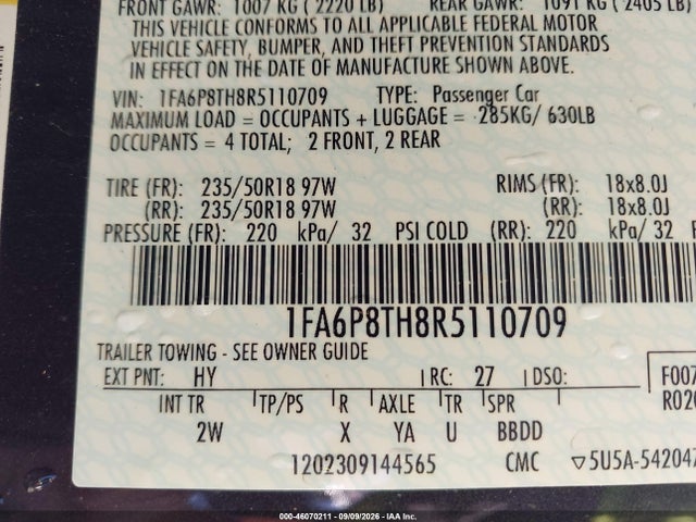 Продаж на аукціоні авто 2024 Ford Mustang Ecoboost Fastback, vin: 1FA6P8TH8R5110709, номер лоту: 46070211