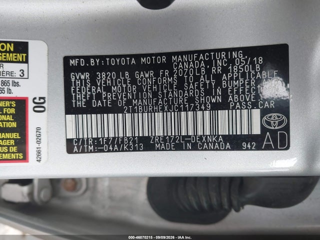 2018 Toyota Corolla Le მანქანა იყიდება აუქციონზე, vin: 2T1BURHEXJC117349, აუქციონის ნომერი: 46070215