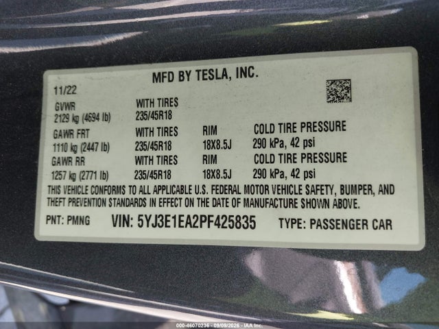 Продаж на аукціоні авто 2023 Tesla Model 3 Rear-wheel Drive, vin: 5YJ3E1EA2PF425835, номер лоту: 46070236