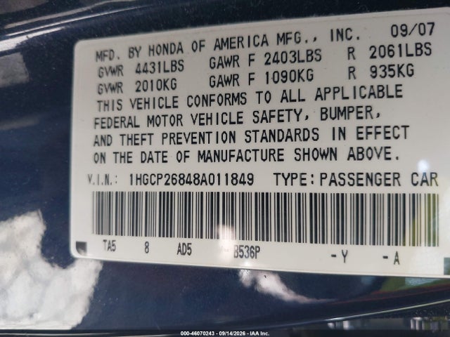 2008 Honda Accord 2.4 Ex-l მანქანა იყიდება აუქციონზე, vin: 1HGCP26848A011849, აუქციონის ნომერი: 46070243