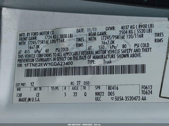 Продаж на аукціоні авто 2012 Ford E-250 Commercial, vin: 1FTNE2EW1CDA23400, номер лоту: 46070245