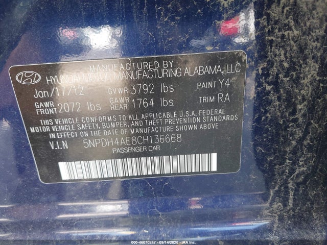 46070247 :رقم المزاد ، 5NPDH4AE8CH136668 vin ، 2012 Hyundai Elantra Gls مزاد بيع