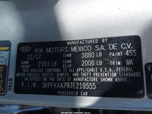 Aukcja sprzedaży 2018 Kia Forte Lx, vin: 3KPFK4A79JE219555, numer aukcji: 46070249