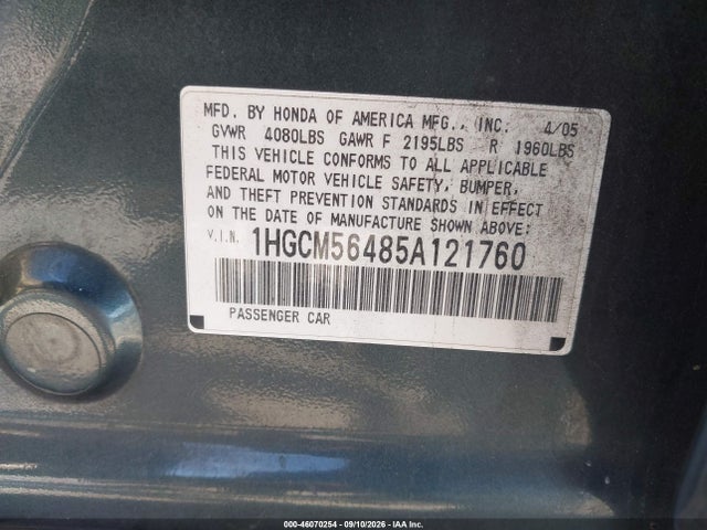 2005 Honda Accord 2.4 Lx მანქანა იყიდება აუქციონზე, vin: 1HGCM56485A121760, აუქციონის ნომერი: 46070254