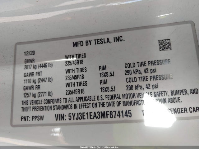 Tesla Model 3 Standard Range Plus Rear-wheel Drive 2021 5YJ3E1EA3MF874145 Image 9