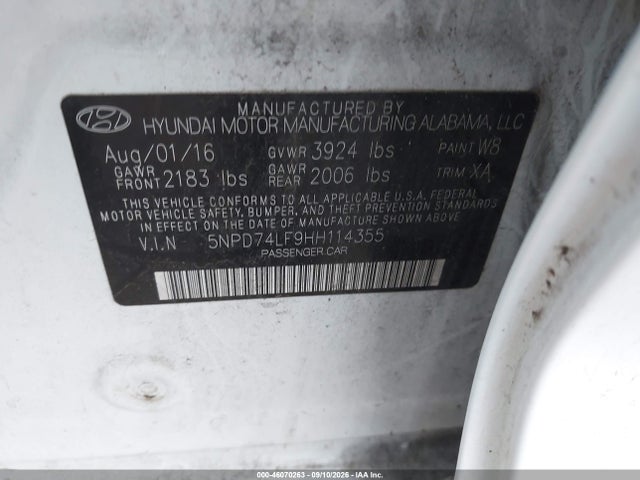 Aukcja sprzedaży 2017 Hyundai Elantra Se, vin: 5NPD74LF9HH114355, numer aukcji: 46070263