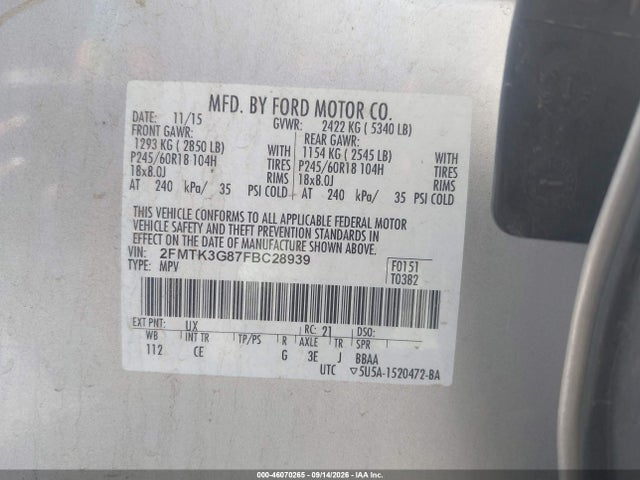 Ford EDGE SE 2015 2FMTK3G87FBC28939 Image 9