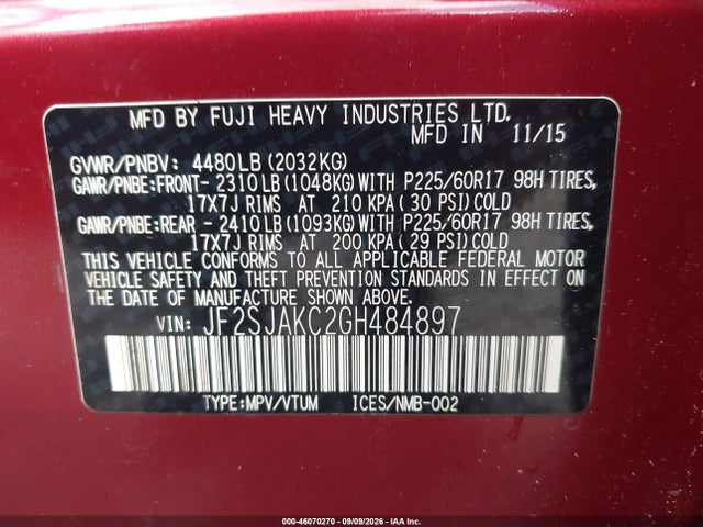 2016 Subaru Forester 2.5i Limited მანქანა იყიდება აუქციონზე, vin: JF2SJAKC2GH484897, აუქციონის ნომერი: 46070270