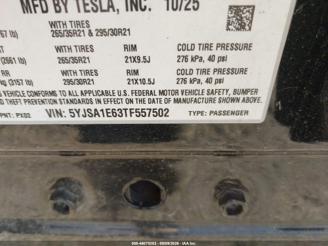 Aukcja sprzedaży 2026 Tesla Model S Plaid/signature Series, vin: 5YJSA1E63TF557502, numer aukcji: 46070283