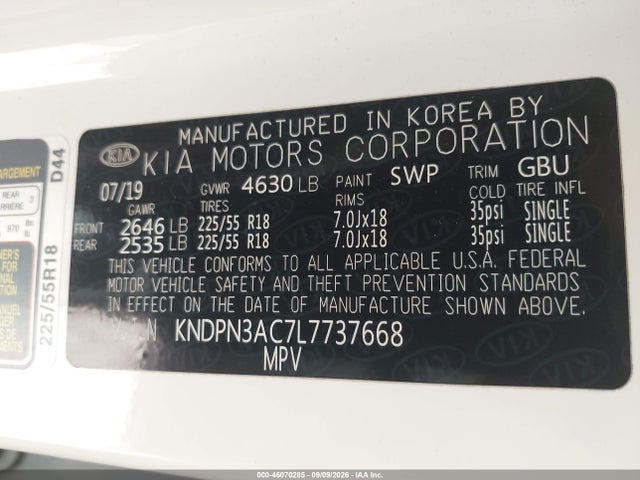 Продажа на аукционе авто 2020 Kia Sportage Ex, vin: KNDPN3AC7L7737668, номер лота: 46070285