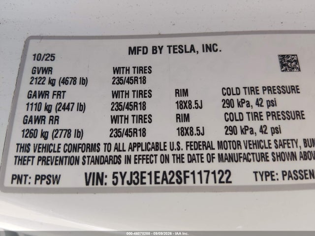 46070288 :رقم المزاد ، 5YJ3E1EA2SF117122 vin ، 2025 Tesla Model 3 Long Range Rear-wheel Drive/standard Rear-wheel Drive مزاد بيع