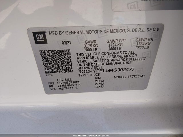 46070290 :رقم المزاد ، 3GCPYFEL5MG302477 vin ، 2021 Chevrolet Silverado 1500 4wd  Short Bed Lt Trail Boss مزاد بيع