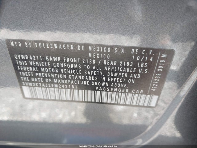 46070292 :رقم المزاد ، 3VW2K7AJ2FM242181 vin ، 2015 Volkswagen Jetta 2.0l S مزاد بيع