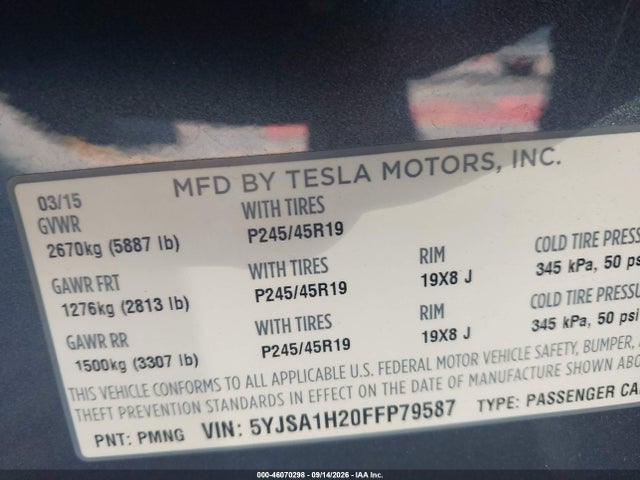 Продажа на аукционе авто 2015 Tesla Model S 70d/85d/p85d, vin: 5YJSA1H20FFP79587, номер лота: 46070298