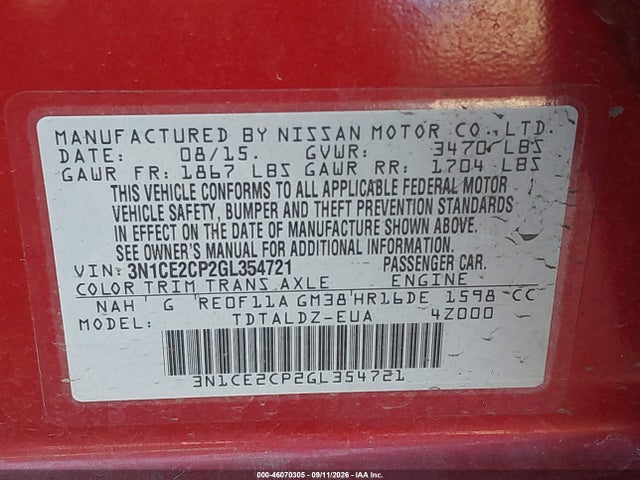 Nissan Versa Note S (sr)/s Plus/sl/sr/sv 2016 3N1CE2CP2GL354721 Image 9