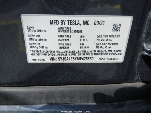 Aukcja sprzedaży 2021 Tesla Model S Long Range Dual Motor All-wheel Drive, vin: 5YJSA1E5XMF428830, numer aukcji: 46070315
