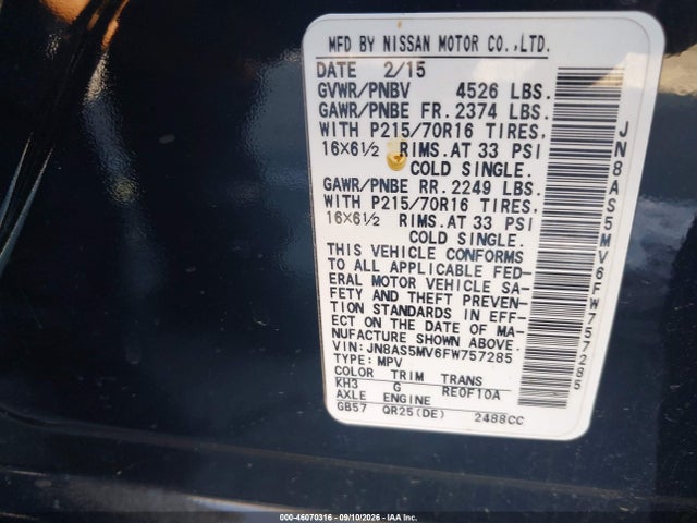 Продажа на аукционе авто 2015 Nissan Rogue Select S, vin: JN8AS5MV6FW757285, номер лота: 46070316
