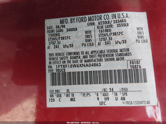 Продаж на аукціоні авто 1999 Ford F-150 Lariat/work Series/xl/xlt, vin: 1FTRF18W6XNA04863, номер лоту: 46070328