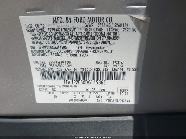 Aukcja sprzedaży 2013 Ford Taurus Sel, vin: 1FAHP2E8XDG145865, numer aukcji: 46070336