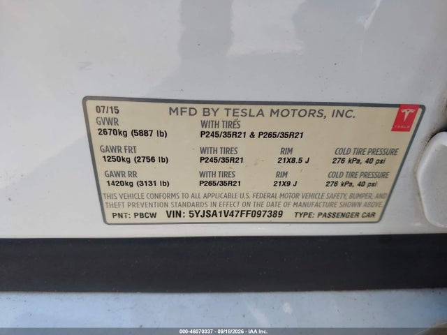 Продаж на аукціоні авто 2015 Tesla Model S 85d/p85d, vin: 5YJSA1V47FF097389, номер лоту: 46070337