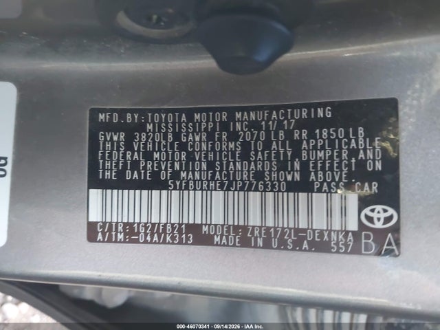 Aukcja sprzedaży 2018 Toyota Corolla Le, vin: 5YFBURHE7JP776330, numer aukcji: 46070341