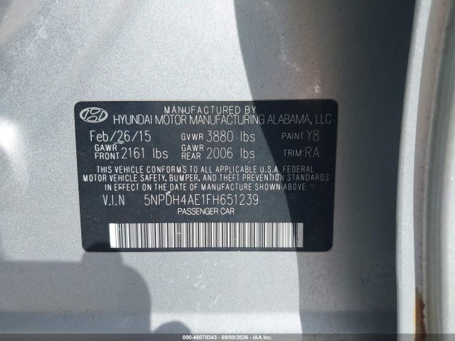 2015 Hyundai Elantra Se მანქანა იყიდება აუქციონზე, vin: 5NPDH4AE1FH651239, აუქციონის ნომერი: 46070343