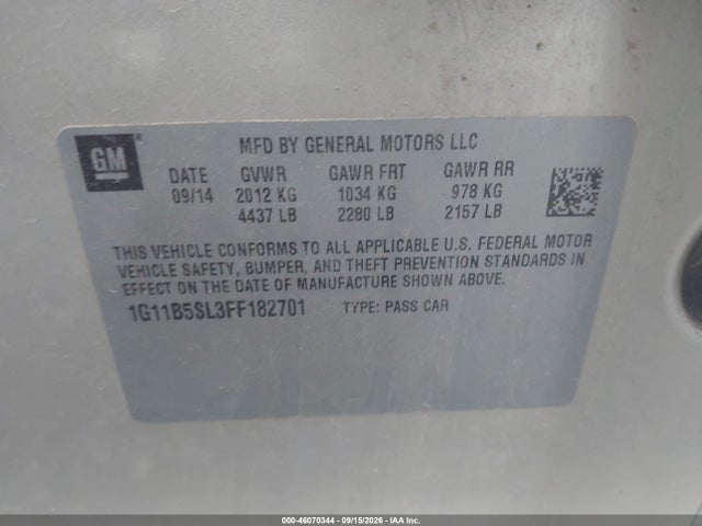 Auction sale of the 2015 Chevrolet Malibu Ls, vin: 1G11B5SL3FF182701, lot number: 46070344