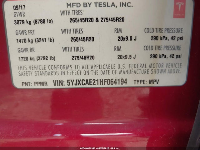 Aukcja sprzedaży 2017 Tesla Model X, vin: 5YJXCAE21HF064194, numer aukcji: 46070348