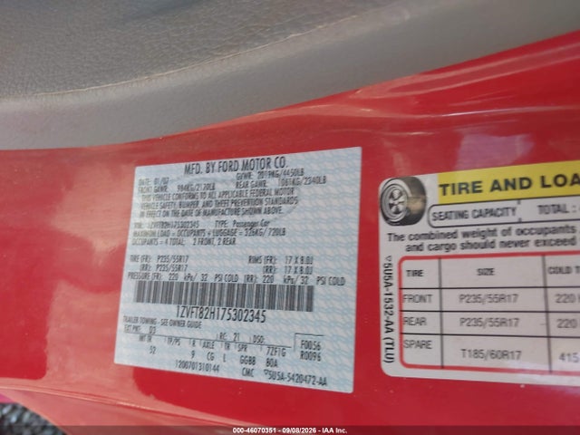 46070351 :رقم المزاد ، 1ZVFT82H175302345 vin ، 2007 Ford Mustang مزاد بيع