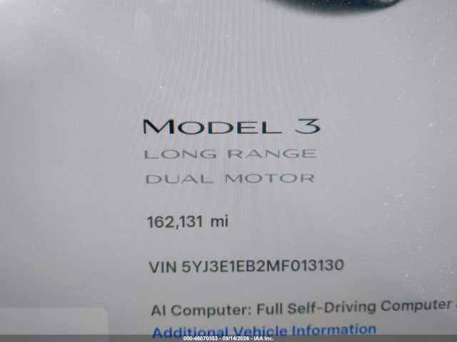 46070353 :رقم المزاد ، 5YJ3E1EB2MF013130 vin ، 2021 Tesla Model 3 Long Range Dual Motor All-wheel Drive مزاد بيع
