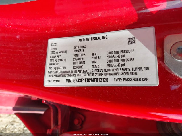 46070353 :رقم المزاد ، 5YJ3E1EB2MF013130 vin ، 2021 Tesla Model 3 Long Range Dual Motor All-wheel Drive مزاد بيع