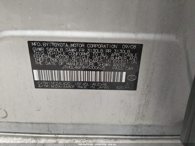 Продаж на аукціоні авто 2009 Lexus Ls 460, vin: JTHCL46F895000625, номер лоту: 46070354