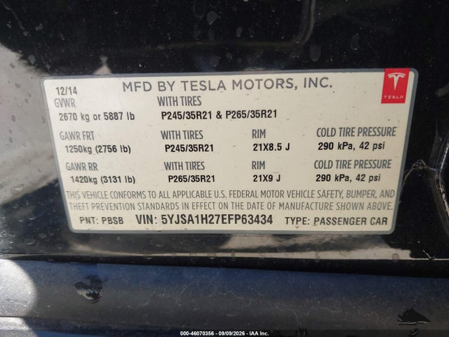 Aukcja sprzedaży 2014 Tesla Model S P85d, vin: 5YJSA1H27EFP63434, numer aukcji: 46070356
