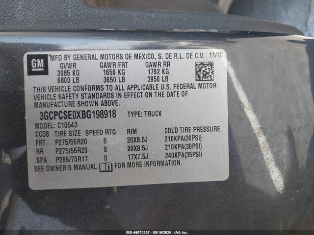 Aukcja sprzedaży 2011 Chevrolet Silverado 1500 Lt, vin: 3GCPCSE0XBG198918, numer aukcji: 46070357