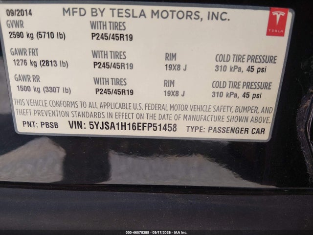 Aukcja sprzedaży 2014 Tesla Model S P85, vin: 5YJSA1H16EFP51458, numer aukcji: 46070358