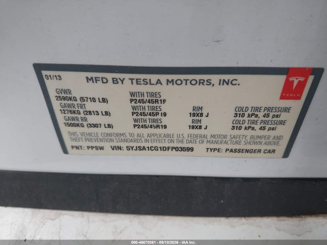 Aukcja sprzedaży 2013 Tesla Model S, vin: 5YJSA1CG1DFP03599, numer aukcji: 46070361