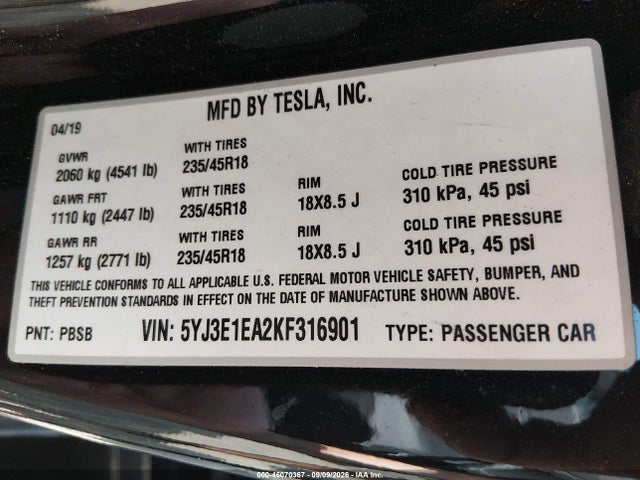 Tesla Model 3 Long Range/mid Range/standard Range/standard Range Plus 2019 5YJ3E1EA2KF316901 Image 9