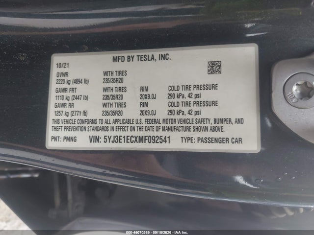 Aukcja sprzedaży 2021 Tesla Model 3 Performance Dual Motor All-wheel Drive, vin: 5YJ3E1ECXMF092541, numer aukcji: 46070369