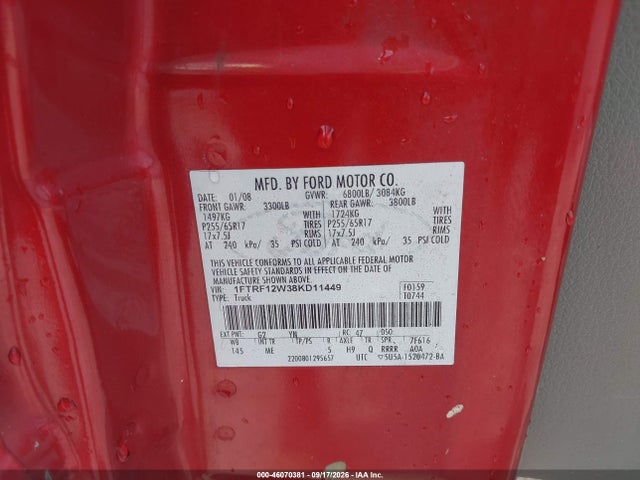 Продаж на аукціоні авто 2008 Ford F-150 Fx2/stx/xl/xlt, vin: 1FTRF12W38KD11449, номер лоту: 46070381